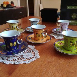 Set of 6 Tea Coffee Rainbow butterfly cups & plates with GIFT BOX vintage bright